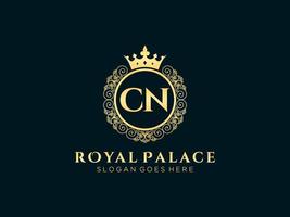 Letter CN Antique royal luxury victorian logo with ornamental frame. vector