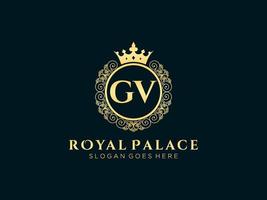 Letter GV Antique royal luxury victorian logo with ornamental frame. vector