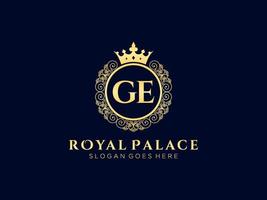 Letter GE Antique royal luxury victorian logo with ornamental frame. vector