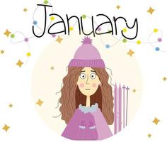 enero linda chica vector ilustración en estilo plano. vacaciones de invierno. calendario.