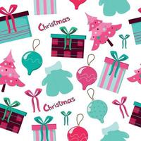 pattern winter attributes gifts decorations Christmas toys mittens bows in flat style. isolated illustrations on a white background. Drawing in pink turquoise shades. vector