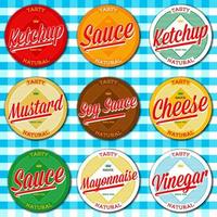 Set of ketchup, vinegar, mustard, soy, cheese and mayonnaise sauce vintage labels on blanket vector