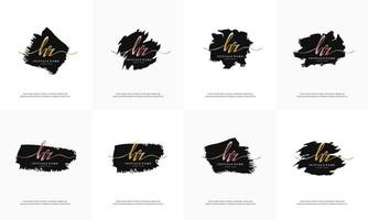 initial gold letter HR H R handwriting logo set design template on black brush vector