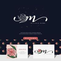 handwriting letter M logo design with rose vector