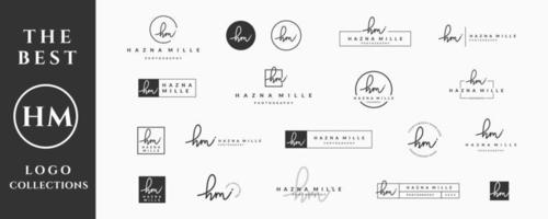 Initial letter HM H logo handwriting, signature and script vector design collection