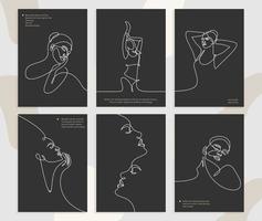 Continuous line, fashion concept, poster, woman beauty minimalist, drawing of set faces and hairstyle, Contemporary drawing in modern style isolated on colorful pastel textures with shapes background vector