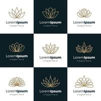 Vector set of logo design templates and emblems in trendy linear style in golden colors on black background - floral and natural cosmetics concepts and alternative medicine symbols