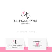 Initial letter T handwriting beauty logo design with watercolor love vector