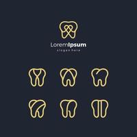 coloque el logotipo dental en color dorado. colección de vectores de diseño de logotipos de dentista de una sola línea. paquete de iconos de dientes aislado sobre fondo negro