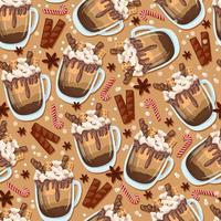 Seamless Christmas pattern. Wrapping paper for coffee bar. Cappuccino or frapuccino pattern. Hand drawn vector illustration. Winter drink with cream and spices.Christmas caramel.