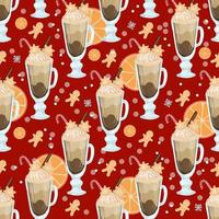 Seamless Christmas pattern. Wrapping paper for coffee bar. Cappuccino or frapuccino pattern. Hand drawn vector illustration. Winter drink with cream and spices.Christmas caramel.