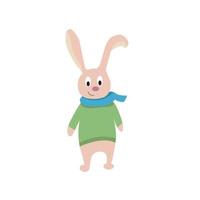 2023.Happy cute bunny in a sweater and scarf. Rabbit is the symbol of the year. Rabbit character for greeting cards and printing. Vector cartoon illustration