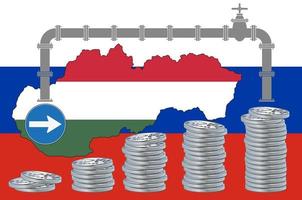 Outline map of Hungary with the national flag and a gas cock on the Russian flag. Stack of coins similar to Russian ruble and arrow sign.Vector illustration. vector