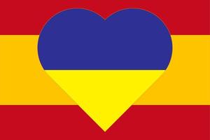 A heart painted in the colors of the flag of Ukraine on the flag of Spain. Vector illustration of a blue and yellow heart on the national symbol.