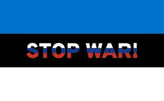 Stop war. The inscription on the flag of Estonia. The letters are painted in the colors of the Russian flag.  Vector illustration.