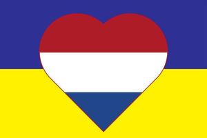 Heart painted in the colors of the flag of Netherlands on the flag of Ukraine. Vector illustration of a heart with the national symbol of Netherlands on a blue-yellow background.