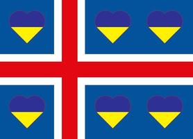 A heart painted in the colors of the flag of Ukraine on the flag of Iceland. Vector illustration of a blue and yellow heart on the national symbol.