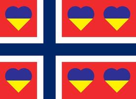 A heart painted in the colors of the flag of Ukraine on the flag of Norway. Vector illustration of a blue and yellow heart on the national symbol.