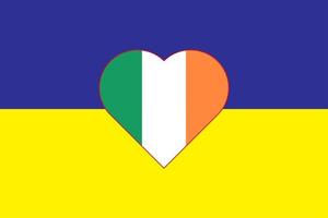 Heart painted in the colors of the flag of Ireland on the flag of Ukraine. Vector illustration of a heart with the national symbol of Ireland on a blue-yellow background.
