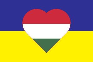 Heart painted in the colors of the flag of Hungary on the flag of Ukraine. Vector illustration of a heart with the national symbol of Hungary on a blue-yellow background.