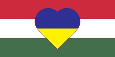 corazón pintado con los colores de la bandera de hungría en la bandera de ucrania. ilustración vectorial de un corazón con el símbolo nacional de hungría sobre un fondo azul-amarillo. vector
