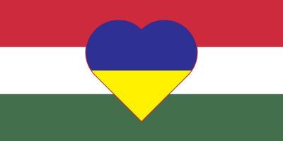 Heart painted in the colors of the flag of Hungary on the flag of Ukraine. Vector illustration of a heart with the national symbol of Hungary on a blue-yellow background.