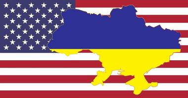 The national flag in the outline map of Ukraine on the USA flag. Vector illustration.