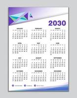 plantilla de calendario de pared 2030, diseño de calendario de escritorio 2030, inicio de semana el domingo, volante de negocios, conjunto de 12 meses, inicio de semana el domingo, organizador, planificador, medios de impresión, diseño de calendario fondo morado vector