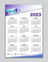 plantilla de calendario de pared 2023, diseño de calendario de escritorio 2023, inicio de semana el domingo, volante de negocios, conjunto de 12 meses, inicio de semana el domingo, organizador, planificador, medios de impresión, diseño de calendario fondo morado vector