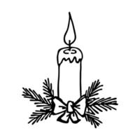 Burning christmas candle with spruce branches. Single doodle illustration. Hand drawn clipart for card, logo, design vector