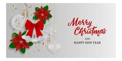 Christmas banner with paper decorations. christmas card with paper poinsettia flowers, bells and christmas balls vector