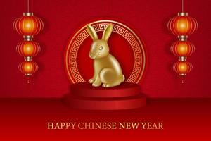 chinese new year background with gold rabbit on red podium and red lanterns vector