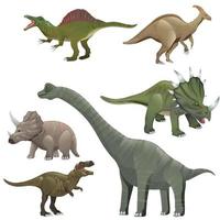 Dinosaurs cartoon character. Brachiosaurus, pterodactyl, tyrannosaurus rex, dinosaur skeleton, triceratops, stegosaurus. Funny animal vector illustration