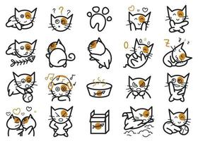 Cute and funny cats doodle vector set. Cartoon cat or kitten characters design collection with flat colors in different poses. Set of purebred pet animals isolated on white background.