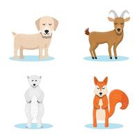 domestic animals set in cartoon style isolated on white background. Vector illustration. Cute animals collection dog, goat, squirrel, polar bear