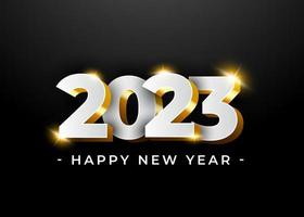 un feliz año nuevo 2023 felicidades. número de lujo blanco premium con efecto brillante con fondo degradado negro, concepto de logotipo dorado en estilo 3d. cintas doradas de alta calidad y número 3d. vector