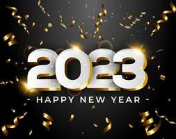 Best Happy New Year 2023. Up-down white Luxury Number With golden Ribbons, Night Backdrop Colorful Dark background,  Premium Digital Creative Happy New Year 2023 Text Design Card Template. vector