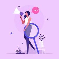 Woman with a shout and a magnifier. The concept of finding people to work, vector illustration