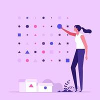 mujer clasificando figuras geométricas. concepto de procesamiento de datos no estructurados, organización de información digital, estructura de base de datos, análisis de grupos, ilustración vectorial plana vector