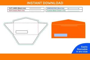 plantilla de dieline de sobre de ventana, diseño de empaque y caja de sobre 3d dieline y caja 3d vector