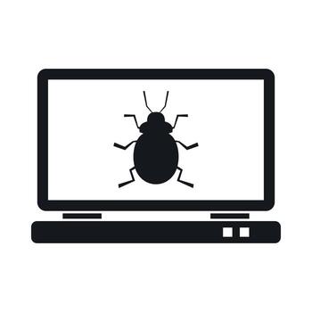 Laptop icon with a bug icon, simple style vector