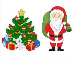 Cartoon vector illustrations of Santa Claus and decorated Christmas tree with presents. Winter holidays design elements isolated on white. Funny and cute retro character. For new year cards, banners