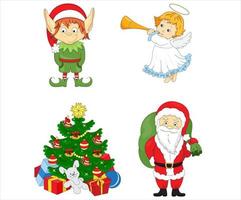 Cartoon vector illustrations of Santa Claus and friend Christmas tree. Winter holidays design elements isolated on white. Funny and cute retro character. For new year cards, banners