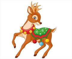 Cartoon vector illustrations of Deer and decorated Christmas tree with presents. Winter holidays design elements isolated on white. Funny and cute retro character. For new year cards, banners