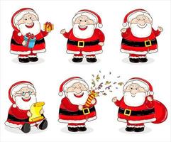 Cartoon vector illustrations of Santa Claus all character with presents. Winter holidays design elements isolated on white. Funny and cute retro character. For new year cards, banners