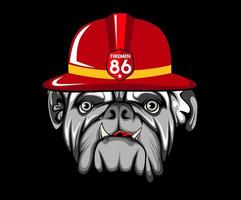 Vector Illustrated Bulldog. the dog wears a firefighter's hat . face of domestic dog on black background.