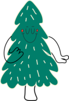 green of Christmas tree with face emotions, hands and legs. Hand drawn trendy for kids. Cute funny characters. png