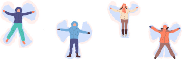 gente feliz haciendo ángel de nieve. png en estilo de dibujos animados. todos los elementos están aislados