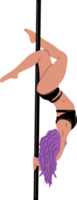 Young pole dance woman in black leotard, cartoon style PNG illustration isolated on background. Young, slim and beautiful pole dancer