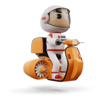 astronauta de entrega montando motocicleta voladora con caja de entrega, renderizado 3d png